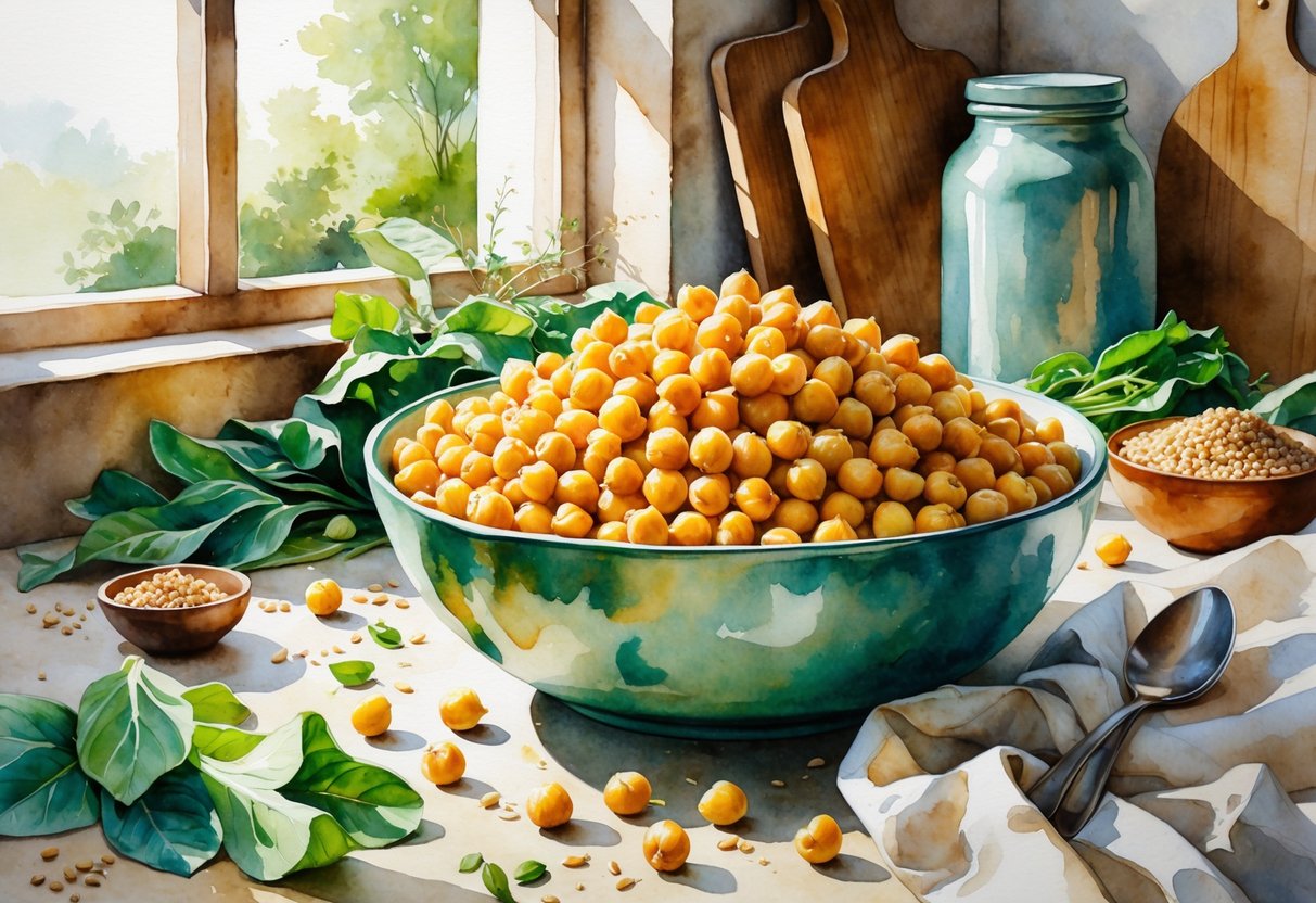 A bowl of cooked chickpeas surrounded by fresh greens and whole grains on a kitchen table with soft natural light.