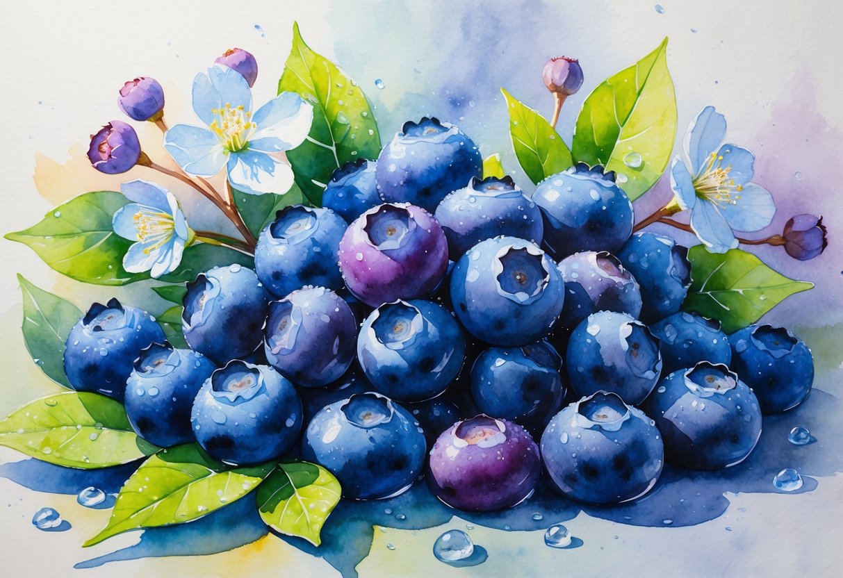 A cluster of fresh blueberries with green leaves and white blossoms.