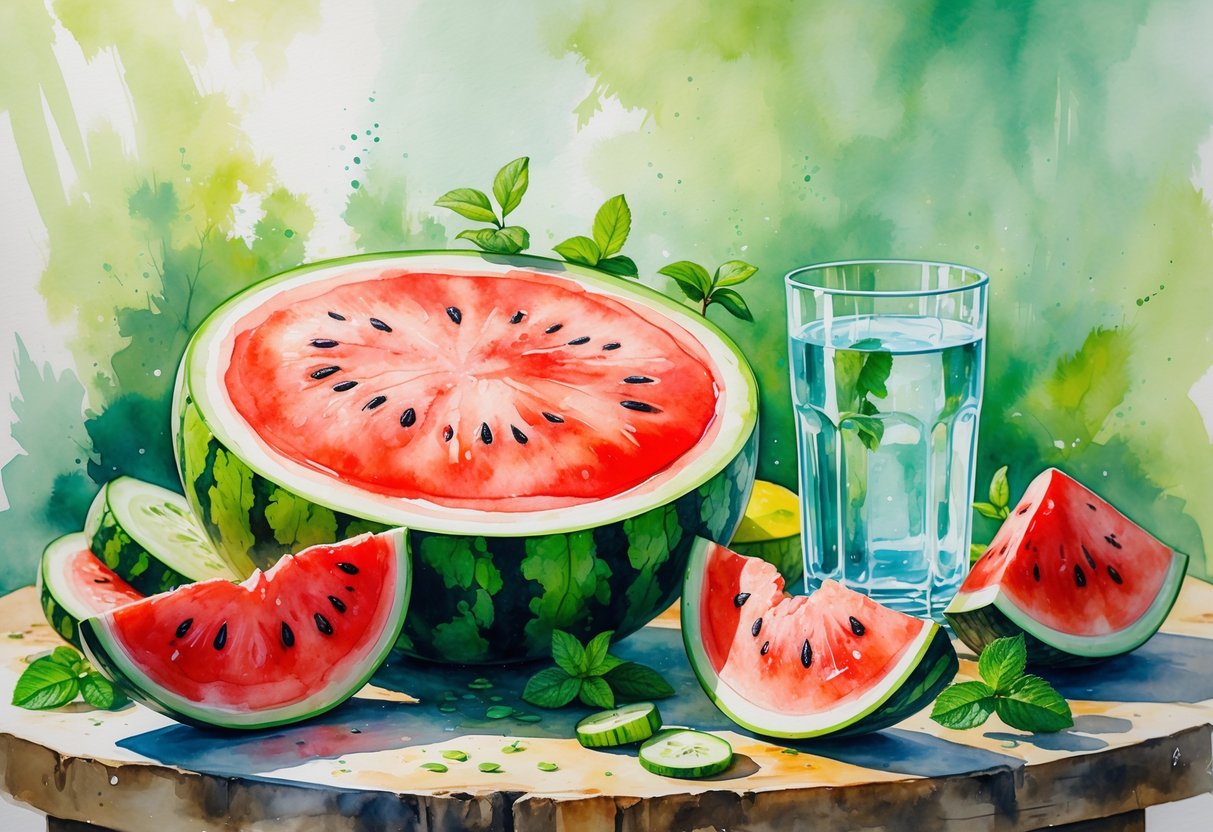 A close-up of sliced watermelon and a glass of water on a wooden table with cucumber slices and mint leaves nearby.