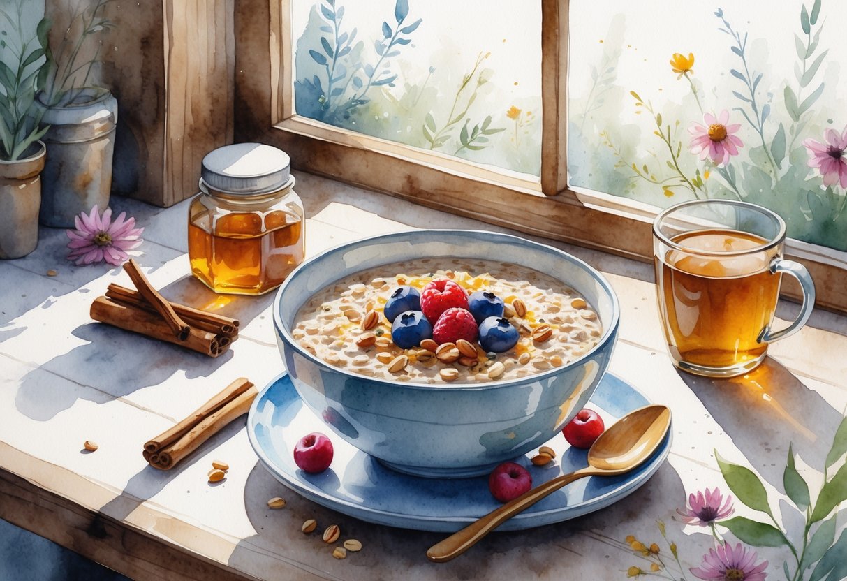 A bowl of oatmeal with berries and nuts on a wooden table, accompanied by cinnamon sticks, honey, and a glass of tea.