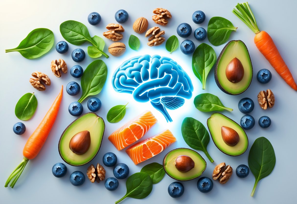 An arrangement of brain-healthy foods including blueberries, walnuts, spinach, avocado, salmon, and carrots surrounding a glowing outline of a human brain.