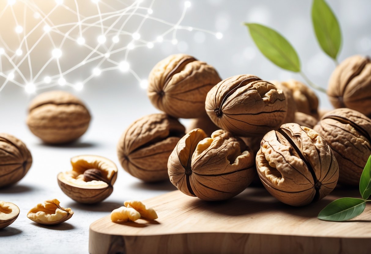 Close-up of walnuts, some cracked open showing their brain-like shape, placed on a wooden surface with green leaves around them.