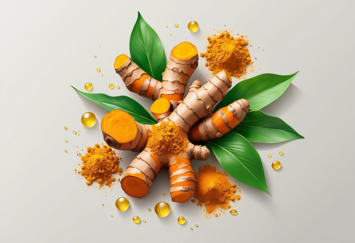 A detailed illustration of turmeric roots, turmeric powder, and green leaves with glowing light effects symbolizing brain clarity and anti-inflammatory benefits.