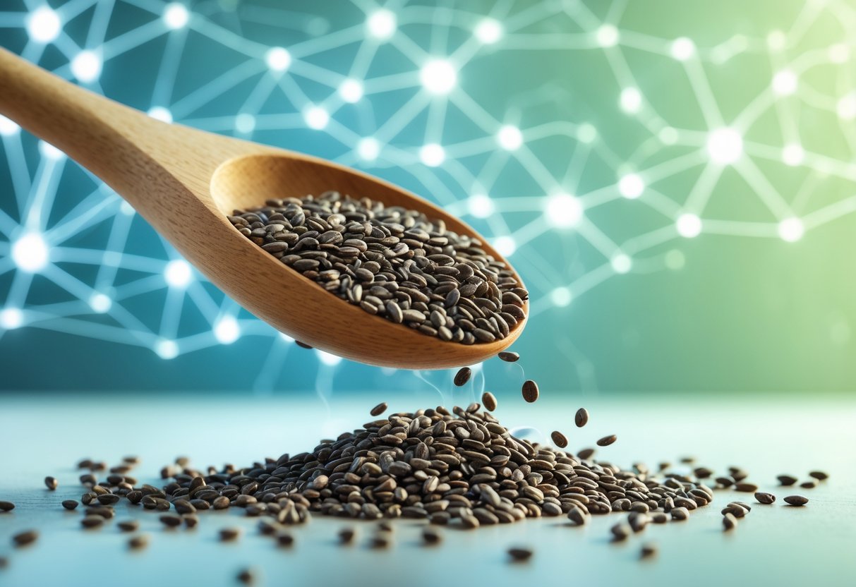 Close-up of chia seeds spilling from a wooden spoon with a subtle glowing neural network pattern in the background symbolizing brain health.