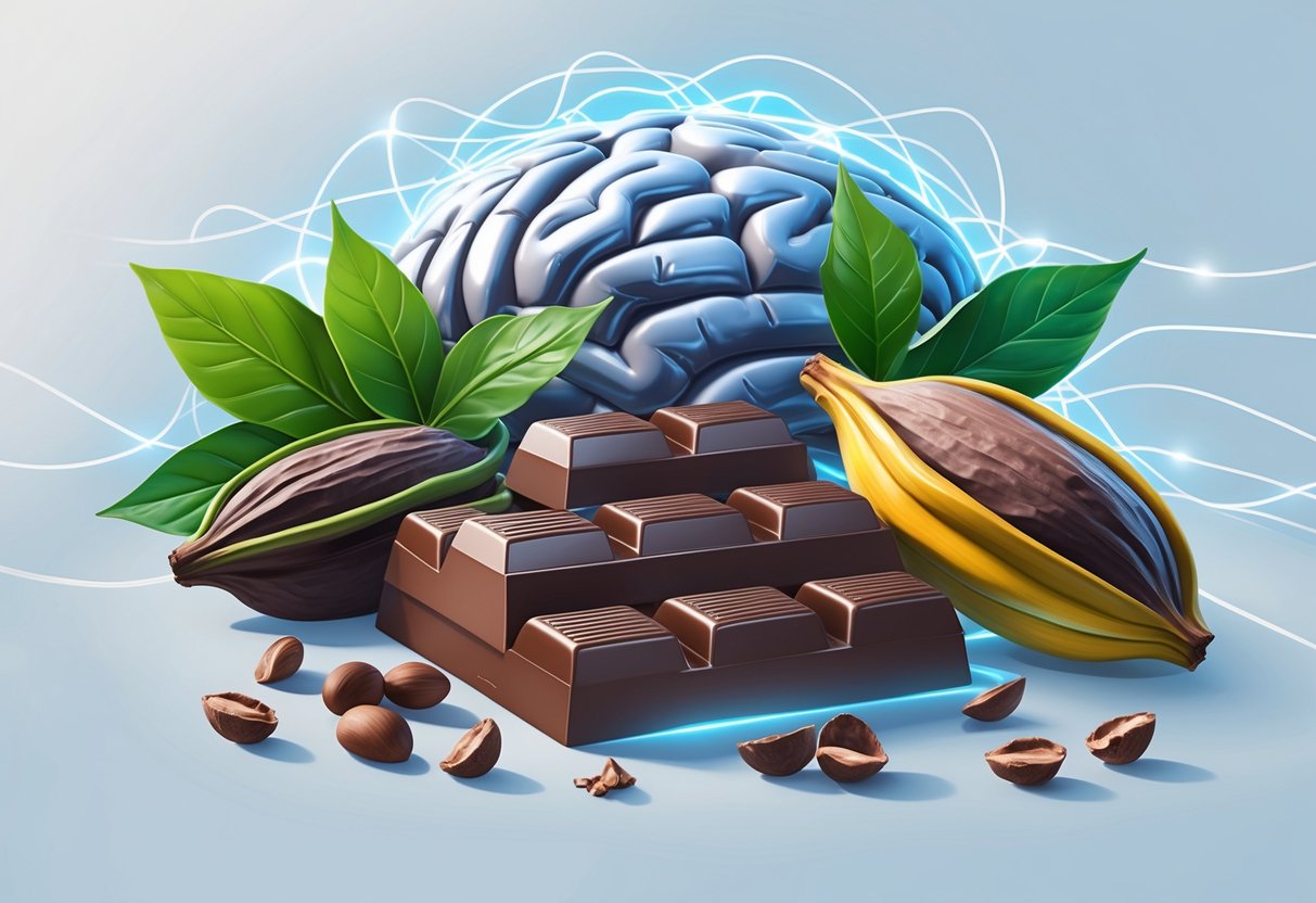 Close-up of dark chocolate pieces with cacao pods and green leaves, surrounded by glowing neural patterns representing brain clarity.