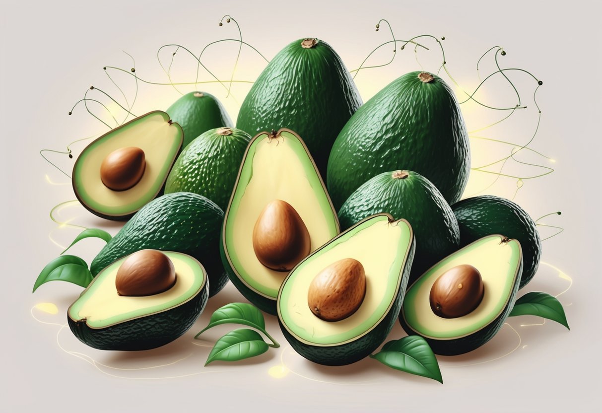 A variety of ripe avocados, whole and sliced, with abstract glowing brain neurons around them.