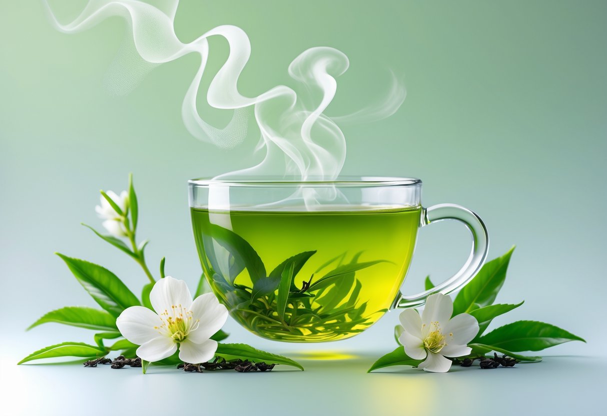 A glass cup of green tea with steam rising, surrounded by green tea leaves and white blossoms against a soft green and blue background.