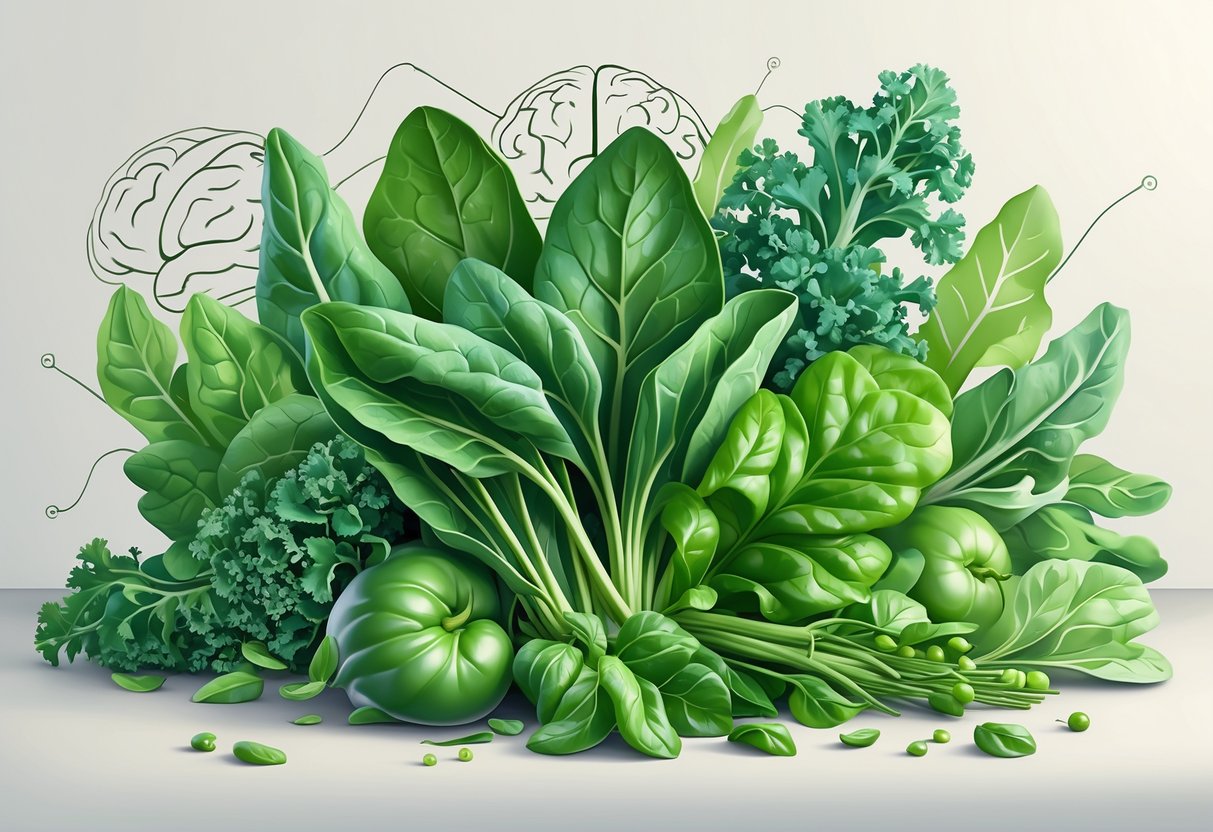 A close-up view of fresh spinach and kale leaves arranged with subtle brain and neural patterns in the background, symbolizing foods that support memory and focus.