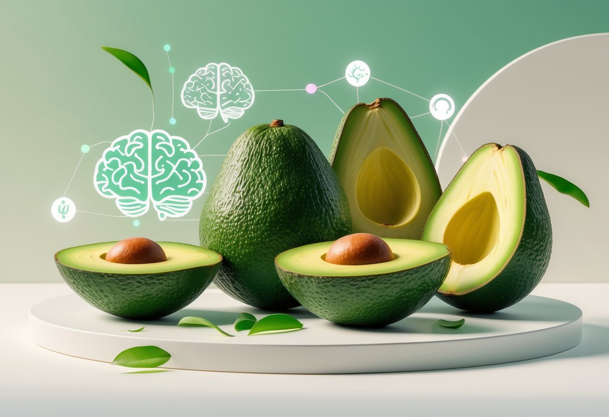 A detailed illustration of ripe avocados with subtle brain and neural patterns in the background symbolizing memory and focus.