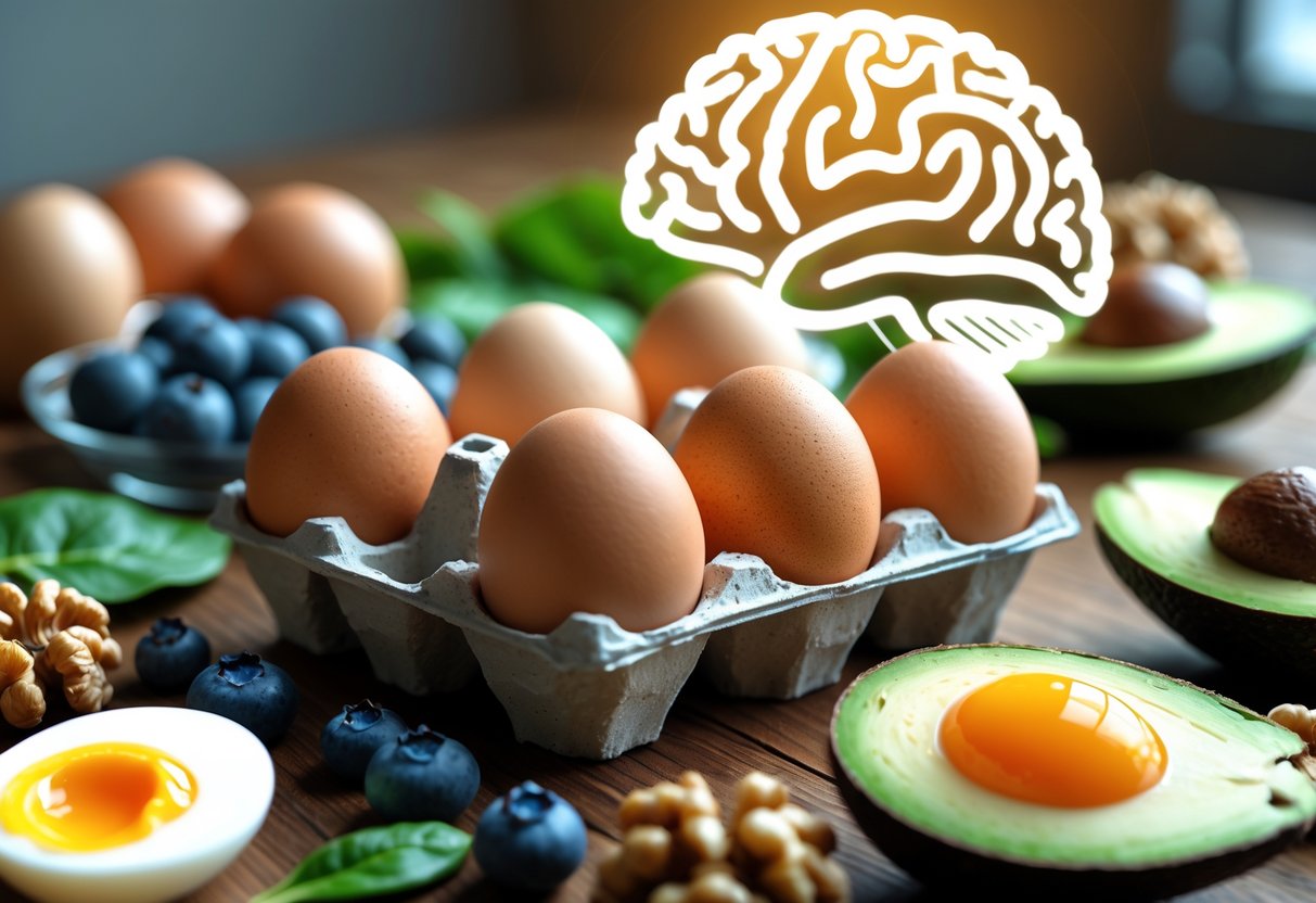 A table with eggs, blueberries, walnuts, spinach, and avocado arranged alongside a subtle outline of a human brain in the background.