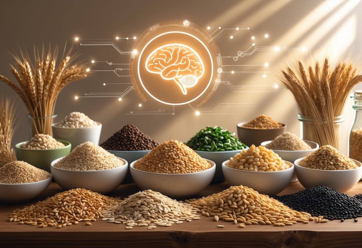 An arrangement of various whole grains on a wooden surface with subtle brain and neural network symbols in the background, representing foods that support memory and focus.