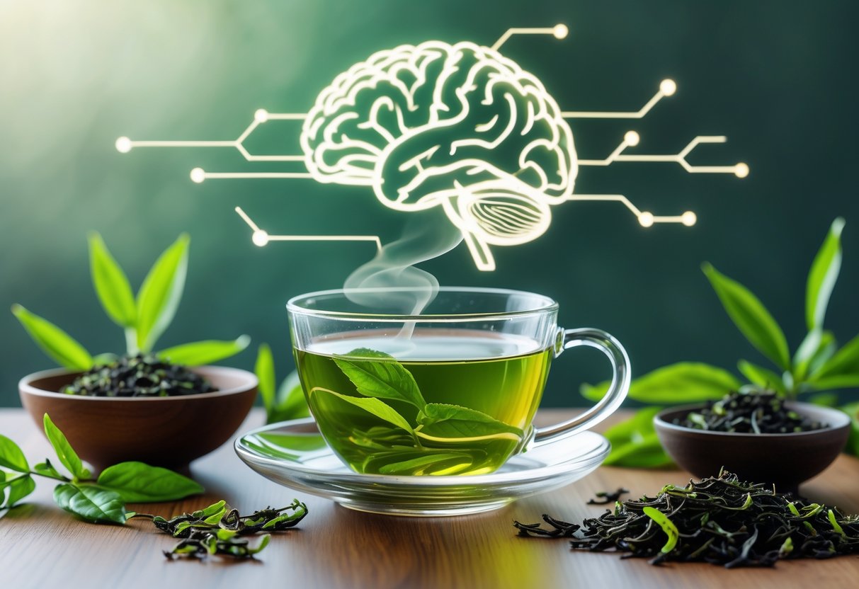 A glass teacup of steaming green tea on a wooden table surrounded by fresh green tea leaves, with a faint outline of a human brain in the background.