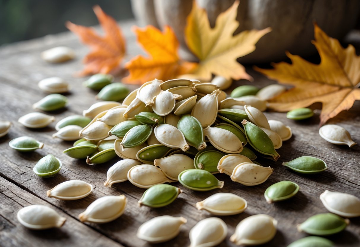 A close-up view of pumpkin seeds scattered on a wooden surface with autumn leaves around them.
