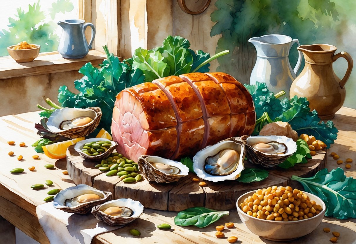 A table displaying a cooked pork roast surrounded by oysters, pumpkin seeds, chickpeas, leafy greens, almonds, and lentils.