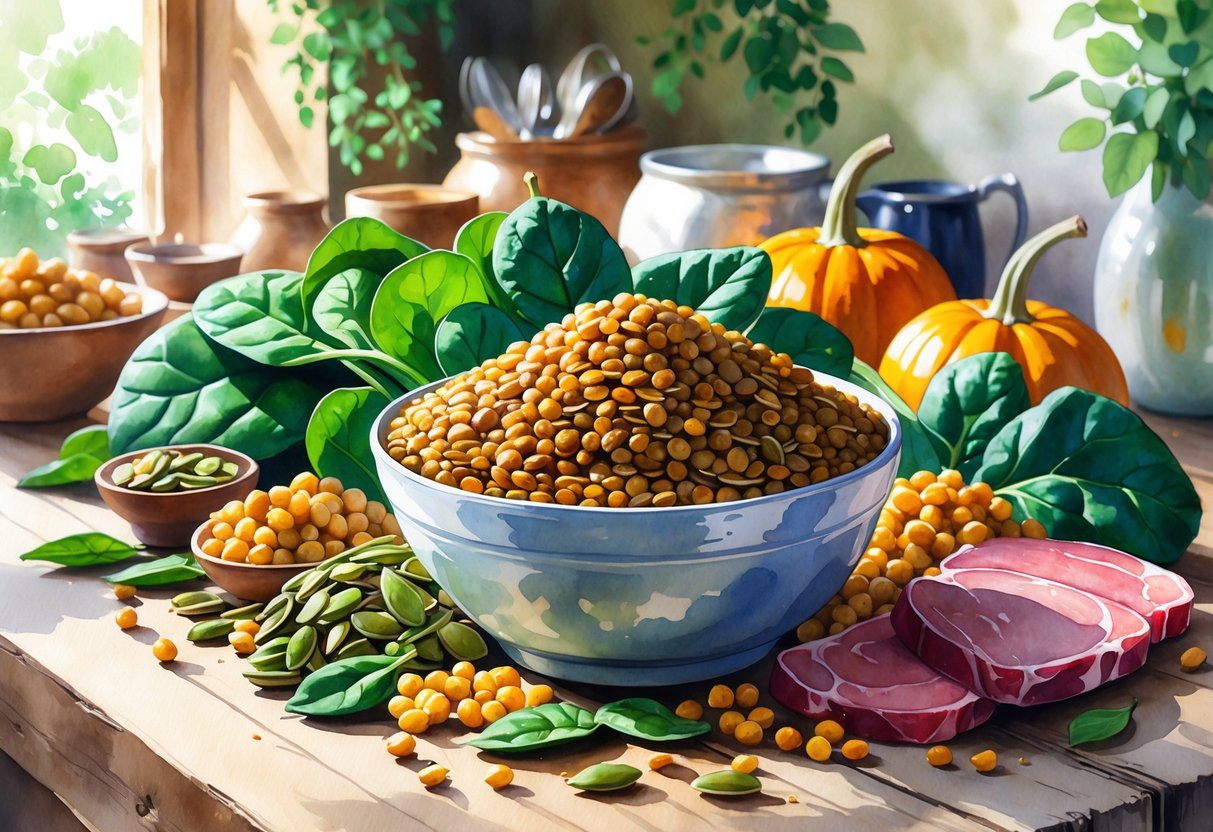 A bowl of cooked lentils on a wooden table surrounded by spinach, pumpkin seeds, chickpeas, and slices of red meat.