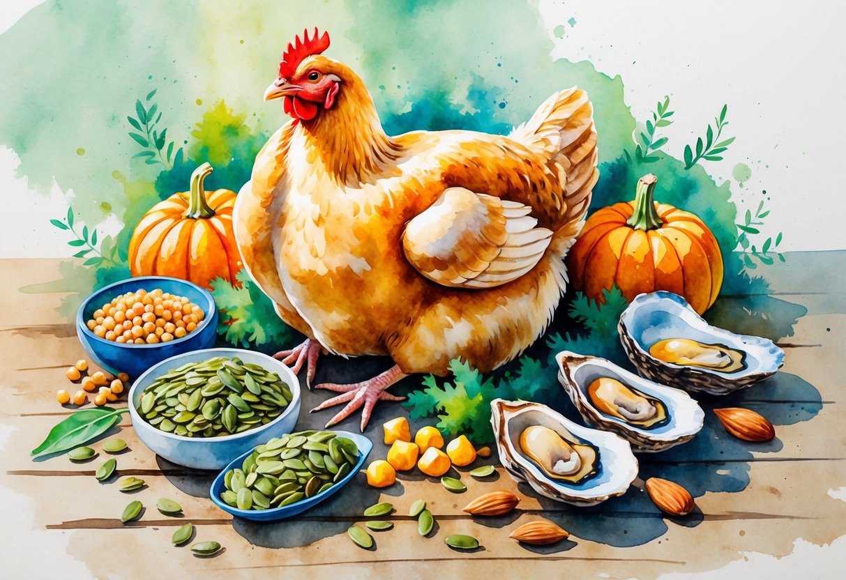 A fresh chicken on a wooden table surrounded by various zinc-rich foods like seeds, nuts, legumes, and oysters.