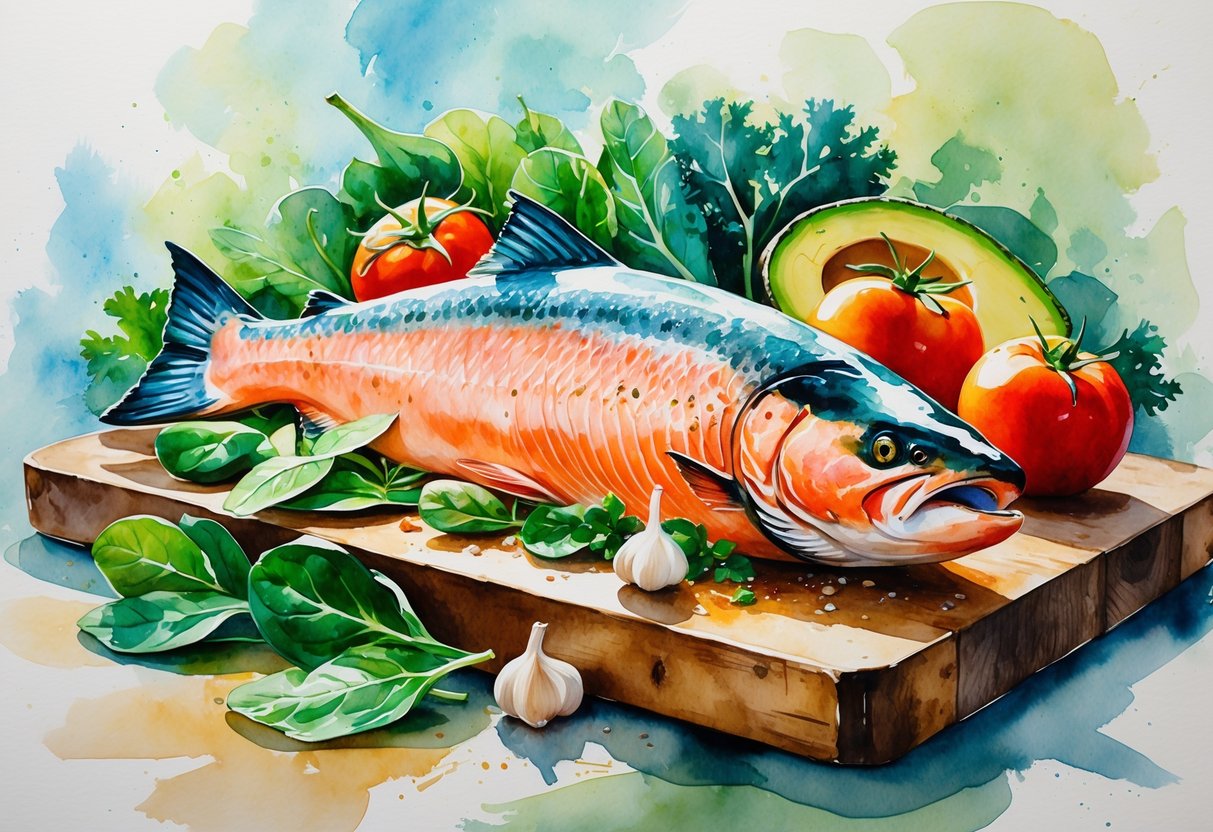 A whole salmon on a wooden cutting board surrounded by leafy greens, tomatoes, garlic, and avocado slices.