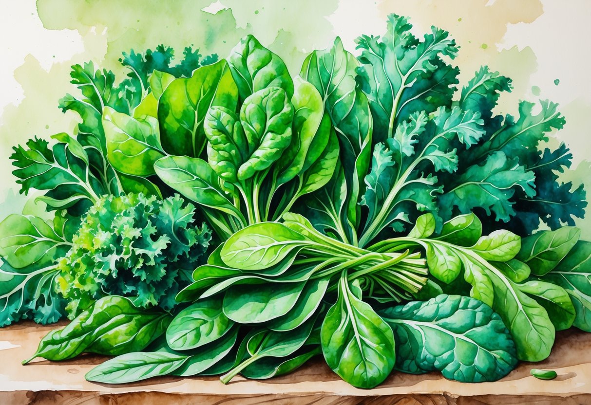 A still life of fresh spinach and kale leaves arranged on a wooden surface.