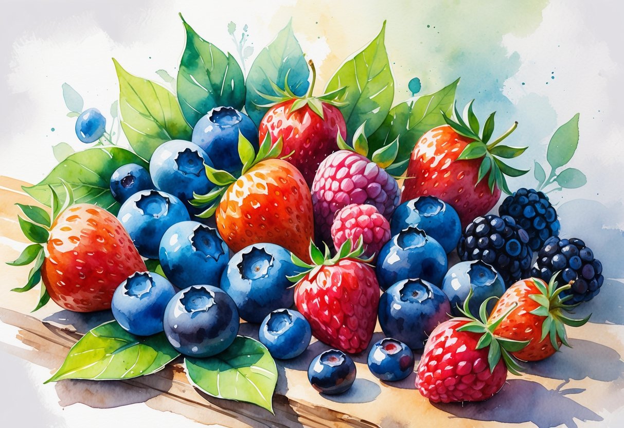 A colorful arrangement of various fresh berries including blueberries, strawberries, raspberries, and blackberries on a wooden surface with green leaves.