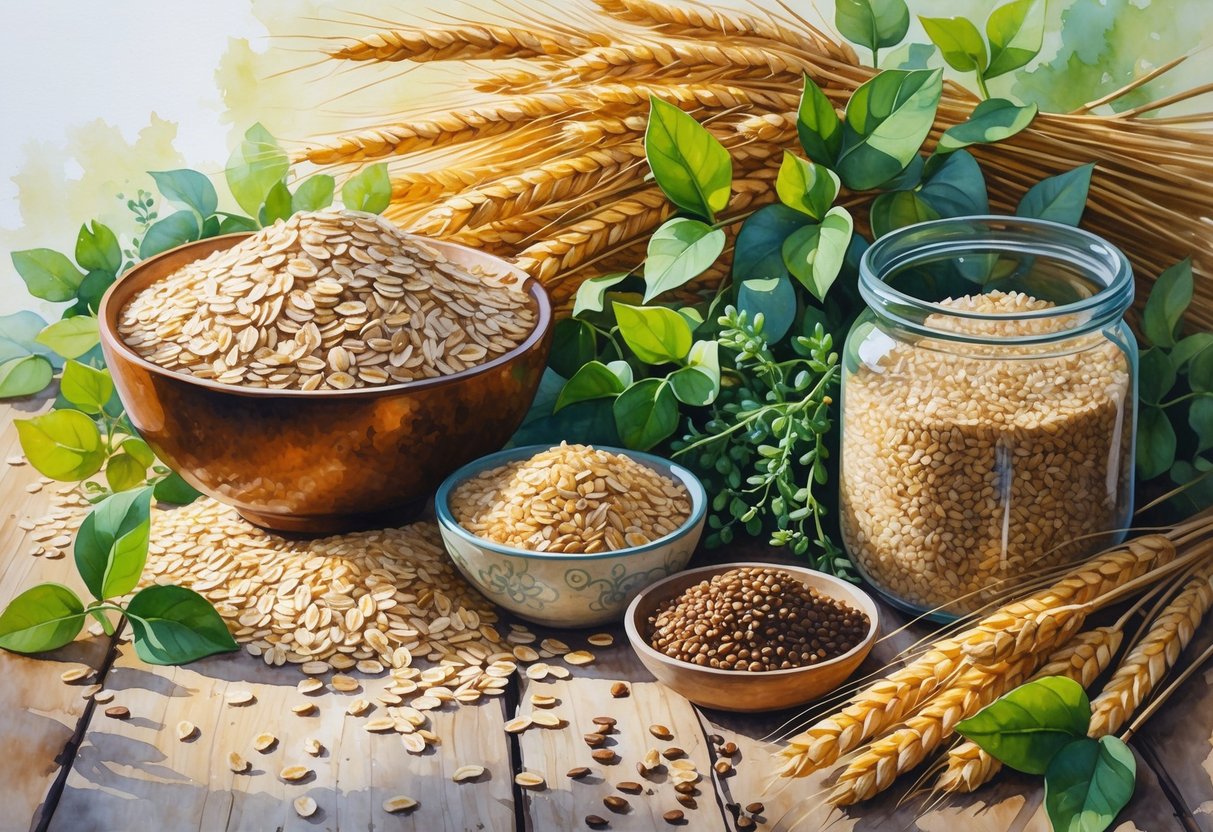 A table with bowls and jars of oats, wheat, quinoa, and brown rice surrounded by green leaves and herbs.