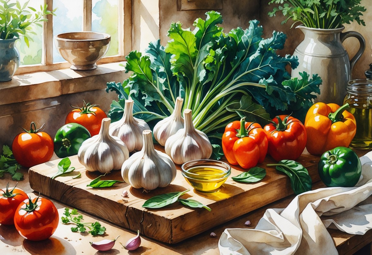 A kitchen scene with garlic, tomatoes, leafy greens, bell peppers, and olive oil arranged on a wooden board.