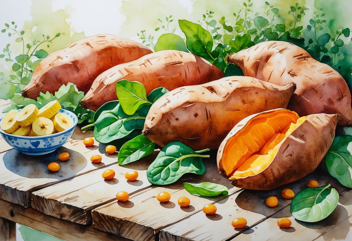 A table with fresh sweet potatoes, leafy greens, bananas, spinach, and beans arranged together.