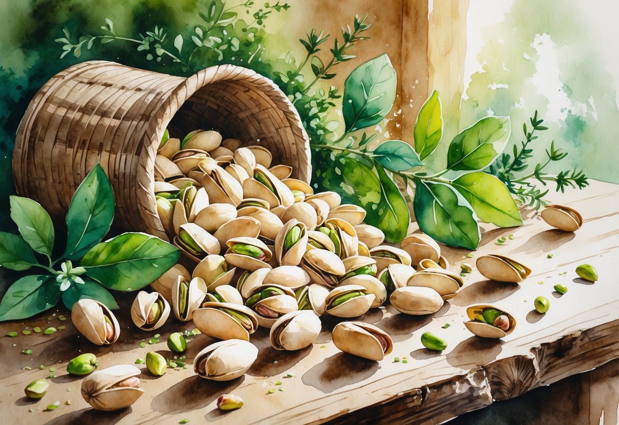 A table with pistachios in and around a small basket, surrounded by green leaves and herbs in a cozy kitchen setting.