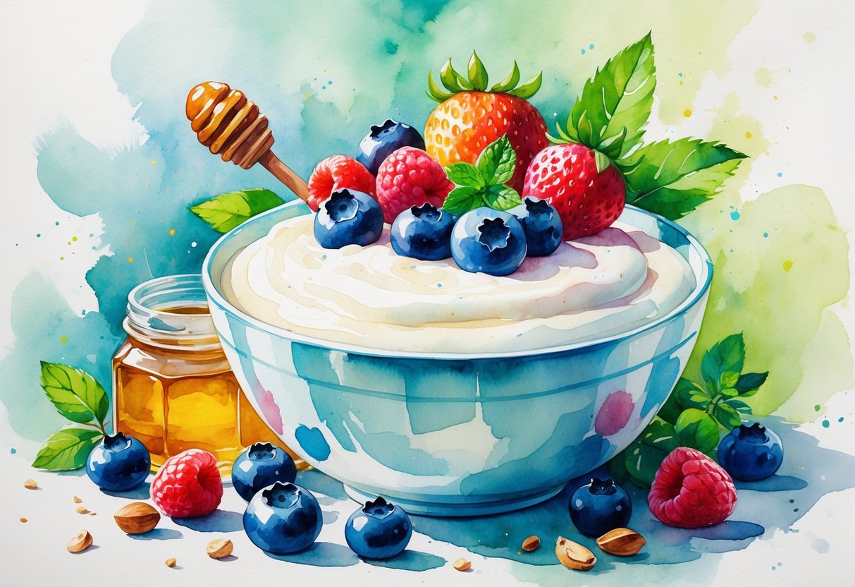 A bowl of yogurt topped with fresh berries, surrounded by honey, mint, and nuts on a soft green and blue background.