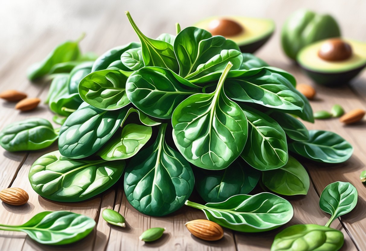 Fresh spinach leaves arranged on a wooden table with almonds, pumpkin seeds, and avocado slices around them.