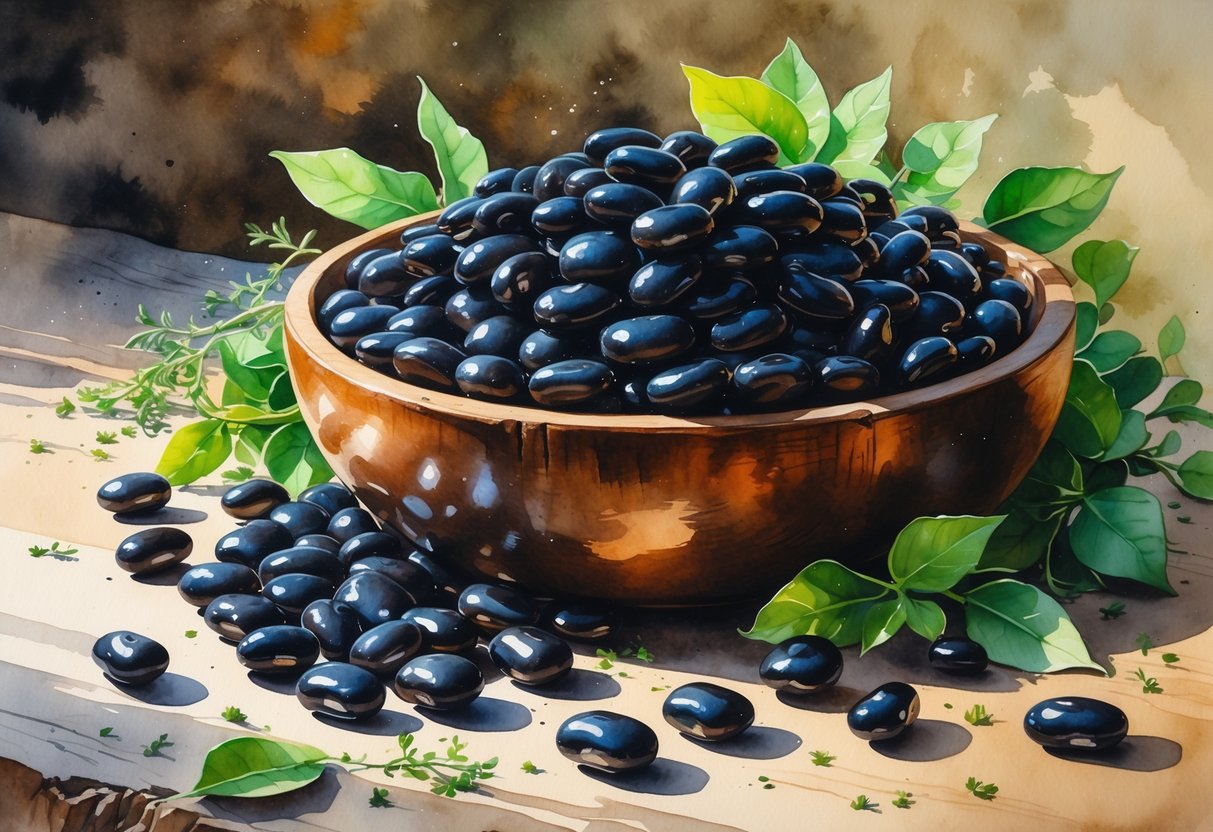 A bowl filled with black beans on a wooden surface surrounded by green leaves.