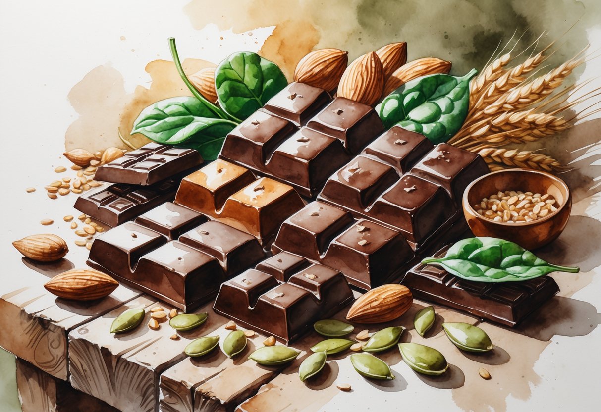An arrangement of dark chocolate pieces surrounded by almonds, spinach leaves, pumpkin seeds, and whole grains on a wooden surface.