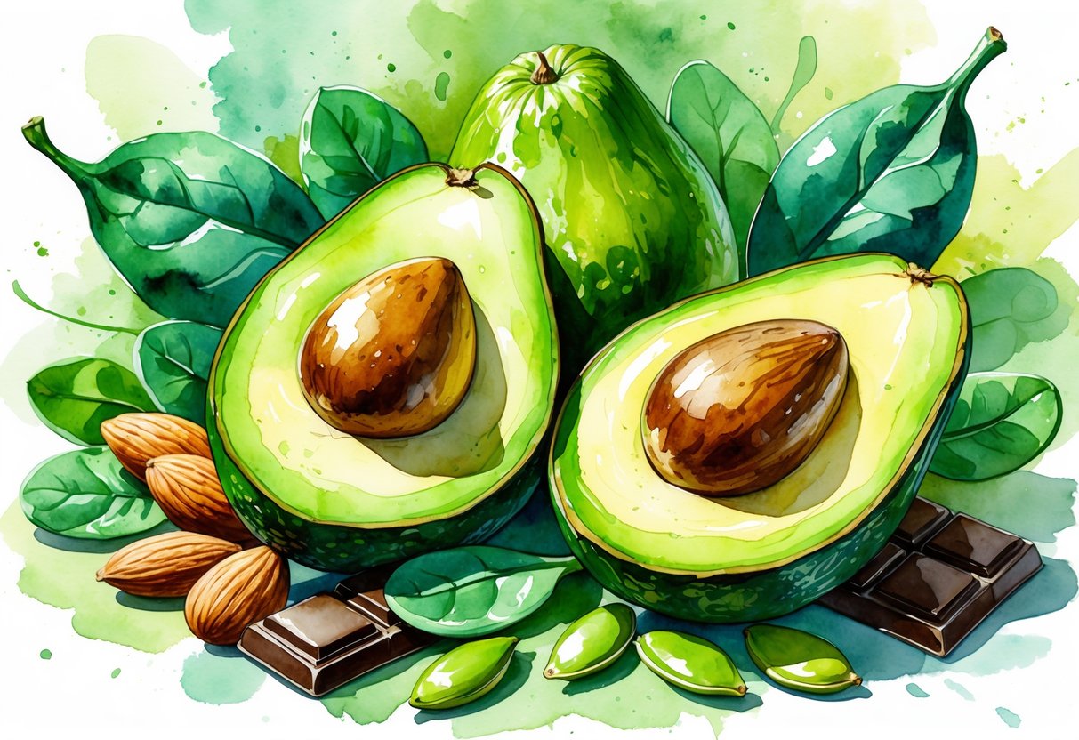 A close-up arrangement of ripe avocados sliced open with almonds, spinach leaves, pumpkin seeds, and dark chocolate pieces around them.