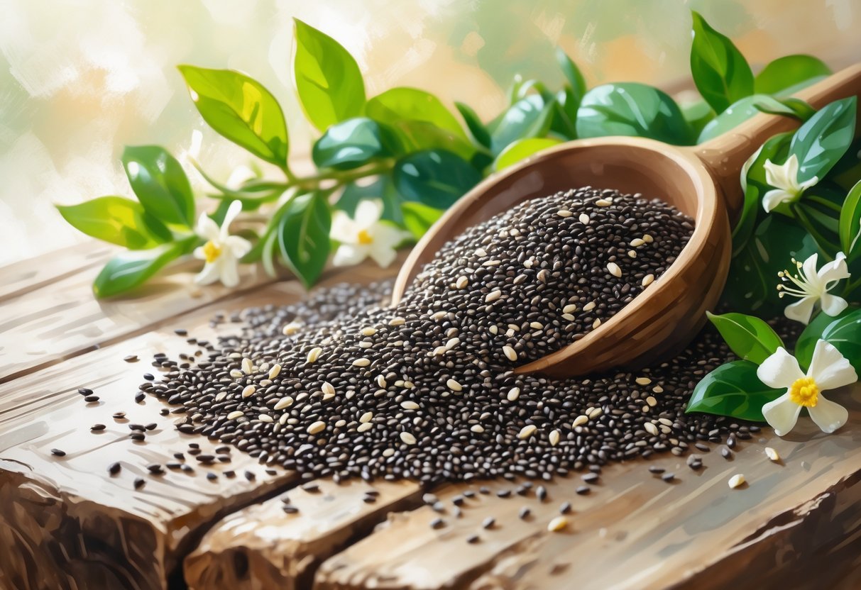 Close-up view of chia seeds scattered on a wooden surface with green leaves and white flowers around them.