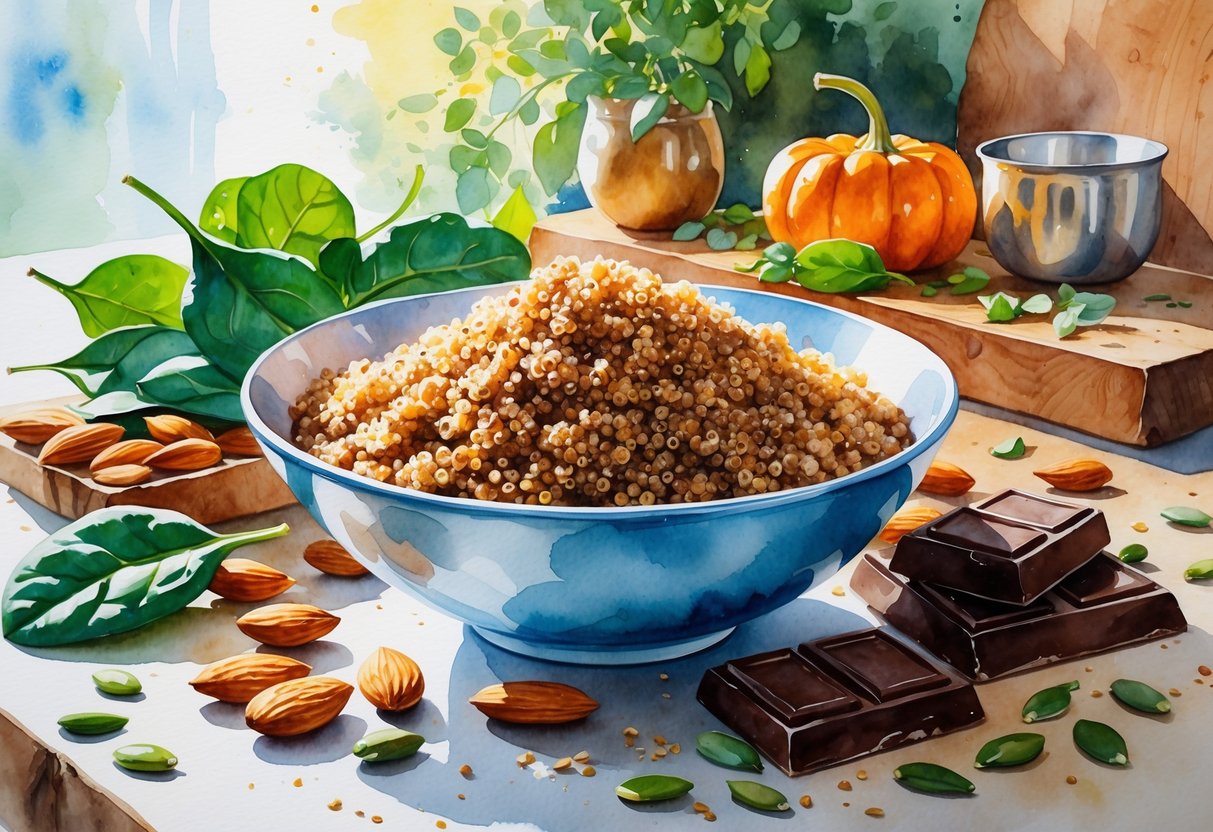 A bowl of cooked quinoa surrounded by spinach, almonds, pumpkin seeds, and dark chocolate on a wooden table.