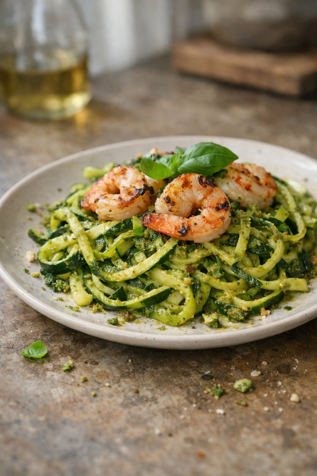 A plate of zucchini noodles with pesto and grilled shrimp on a wooden surface in a home kitchen, lit by soft window light from the side.