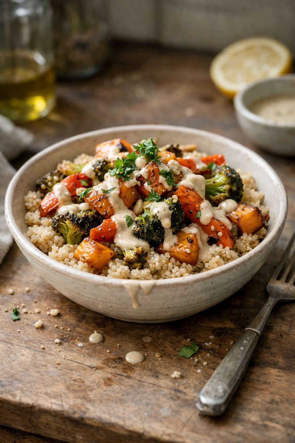 A quinoa bowl with roasted vegetables and tahini dressing on a worn wooden surface in a home kitchen, with natural light and small food imperfections visible.