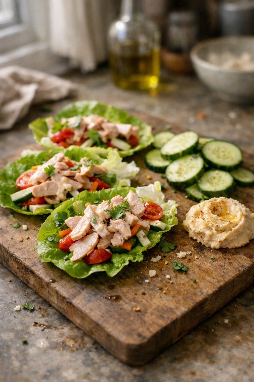 Turkey lettuce wraps with cucumber and hummus on a wooden surface in a home kitchen, lit by soft natural window light.