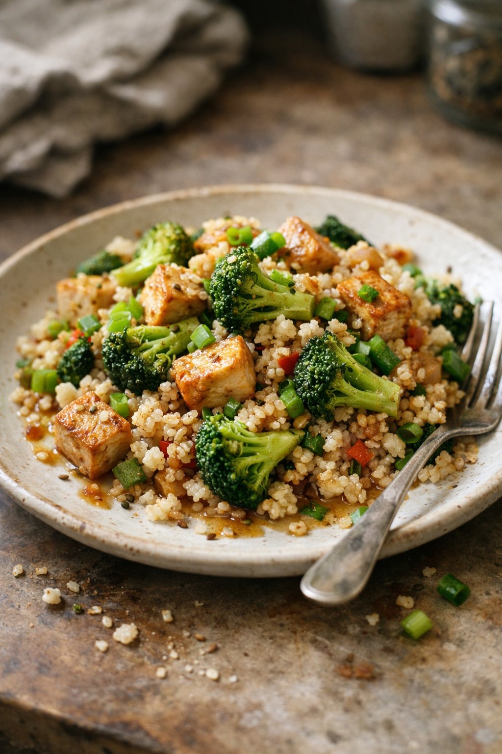A plate of cauliflower rice stir-fry with tofu and broccoli on a worn wooden surface in a home kitchen, lit by natural window light from the side.