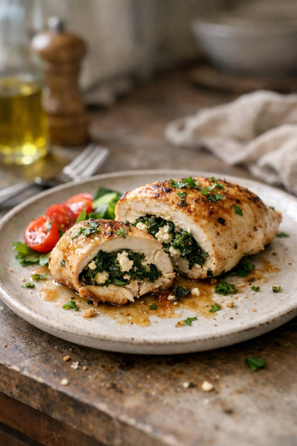 A plated spinach and feta stuffed chicken breast on a wooden surface in a home kitchen, with natural light coming from the side.