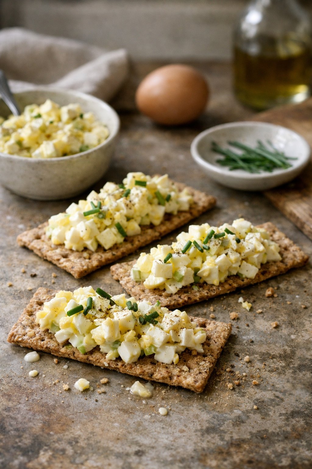 Egg salad on whole grain crackers on a worn wooden surface in a home kitchen, softly lit by window light from the side.