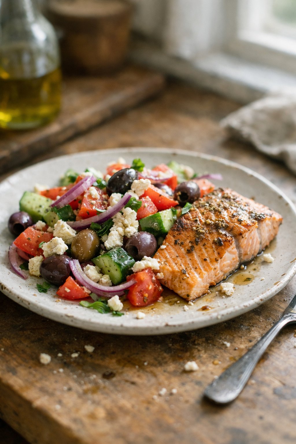 A plate of Greek salad with olives and grilled salmon on a wooden kitchen surface, lit by natural window light, showing a casual home-cooked meal.