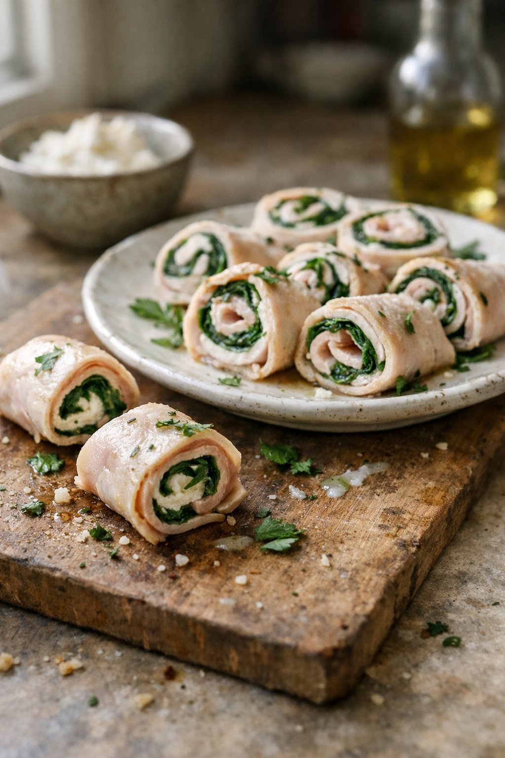 Turkey and spinach roll-ups with cream cheese on a rustic wooden surface in a home kitchen setting.