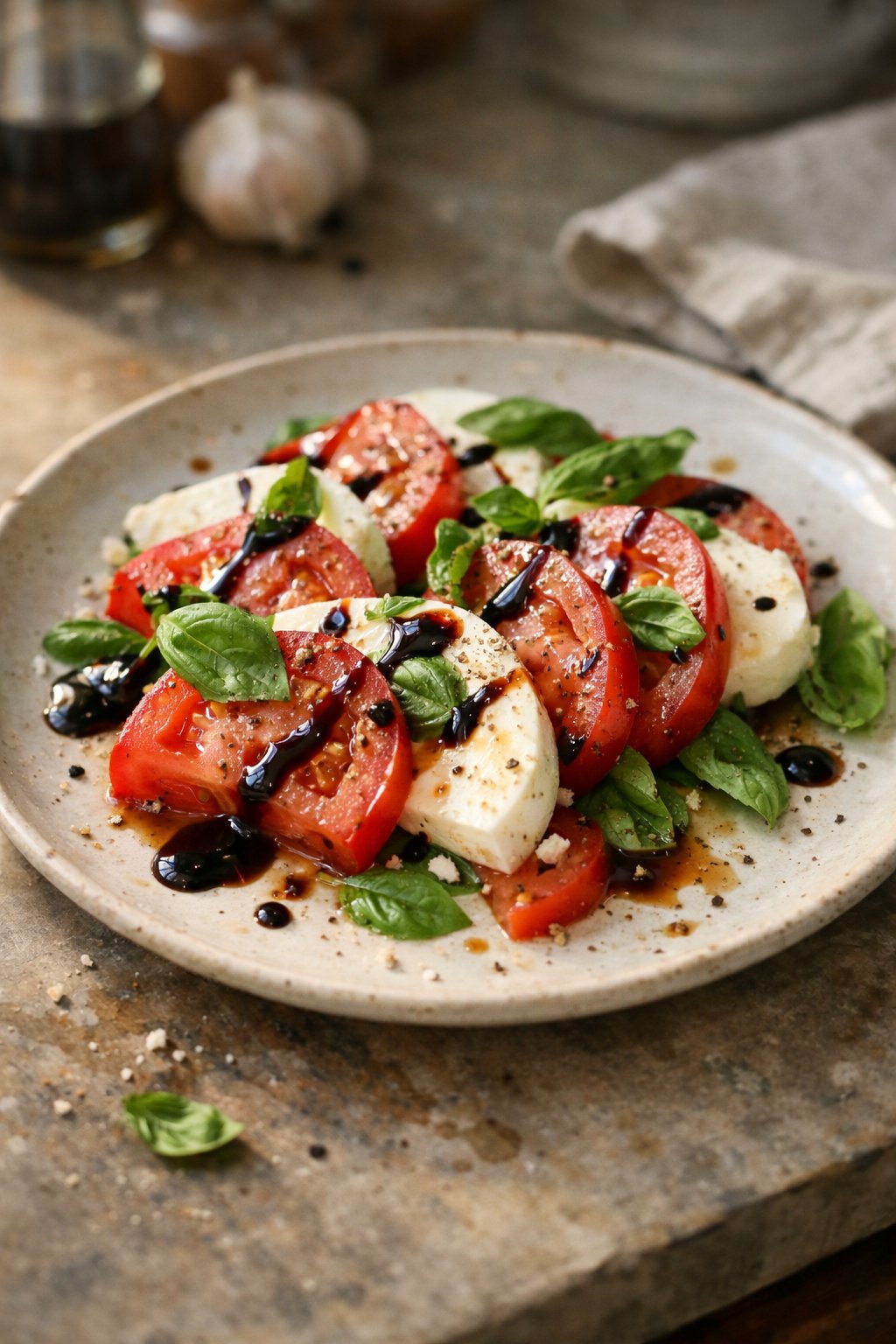 A casually plated Caprese salad with tomato, mozzarella, basil, and balsamic glaze on a worn kitchen surface with natural light coming from the side.
