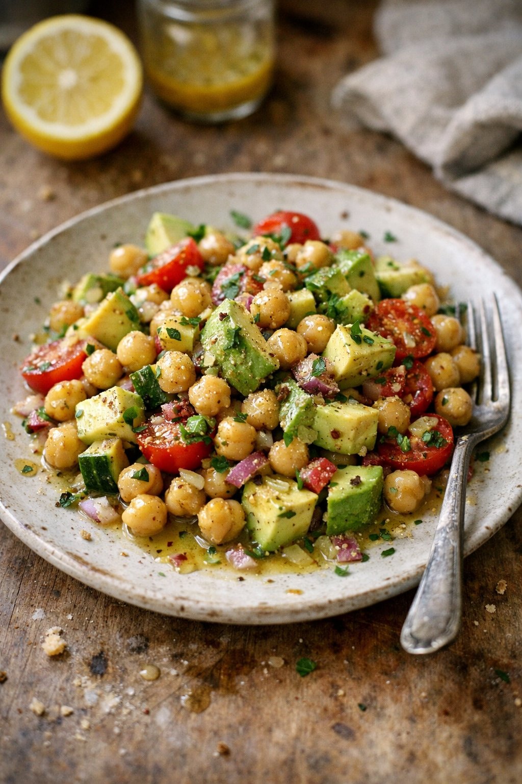A casually plated chickpea and avocado salad with lemon dressing on a worn wooden or stone surface in a home kitchen, lit by soft window light from the side.