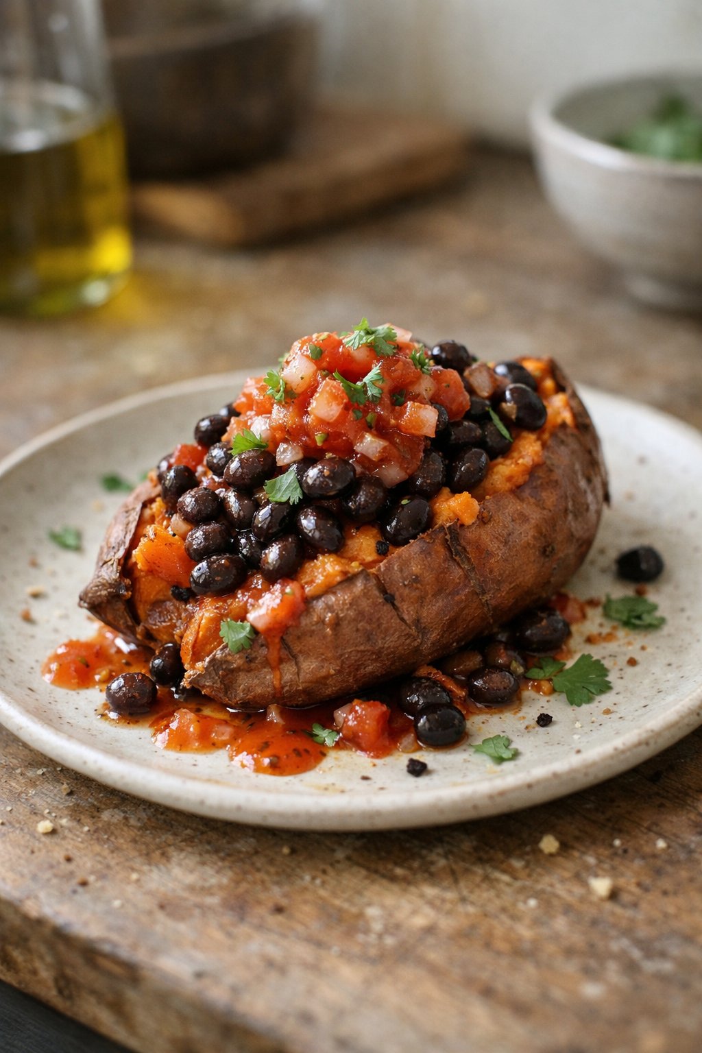 A baked sweet potato topped with black beans and salsa on a plate, sitting on a worn wooden surface in a home kitchen.