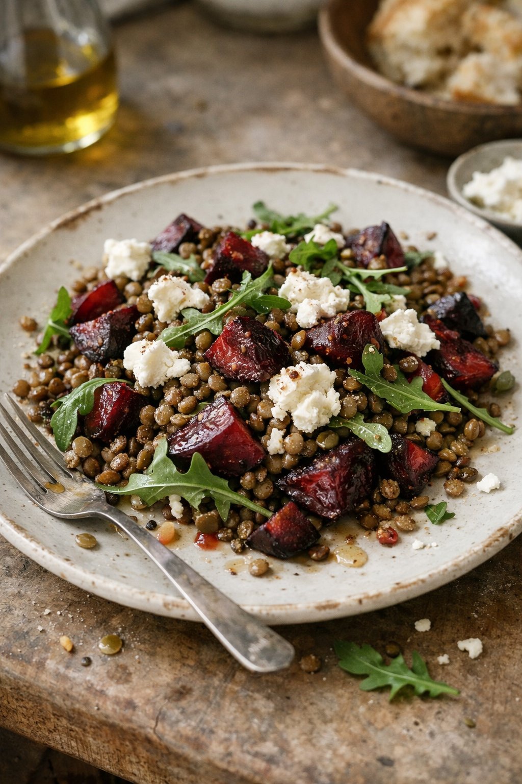 A plate of lentil and roasted beet salad with goat cheese on a worn wooden surface in a home kitchen, lit by natural window light from the side.