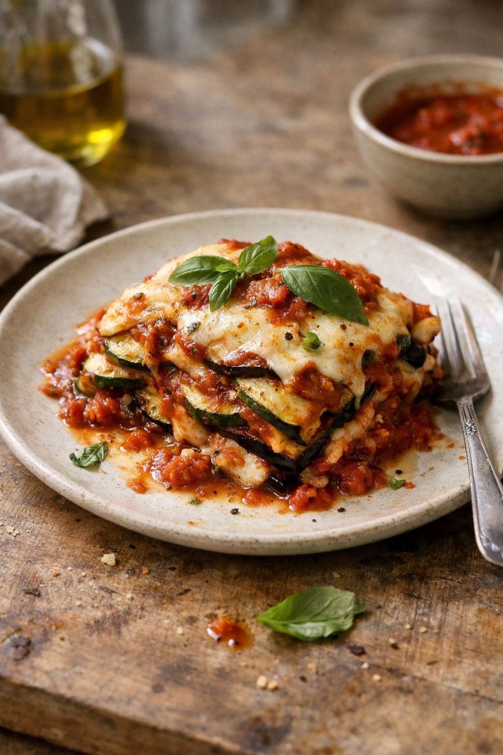 A plate of eggplant and zucchini lasagna with marinara sauce on a worn wooden surface in a home kitchen, softly lit by window light from the side.