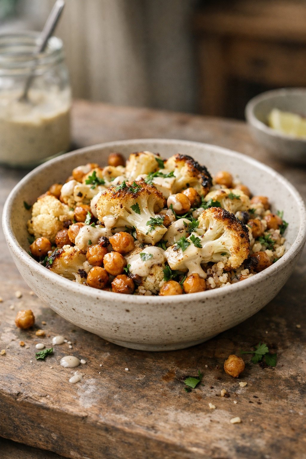 A bowl of roasted cauliflower and chickpeas with tahini sauce on a worn wooden surface in a home kitchen, lit by natural window light from the side.
