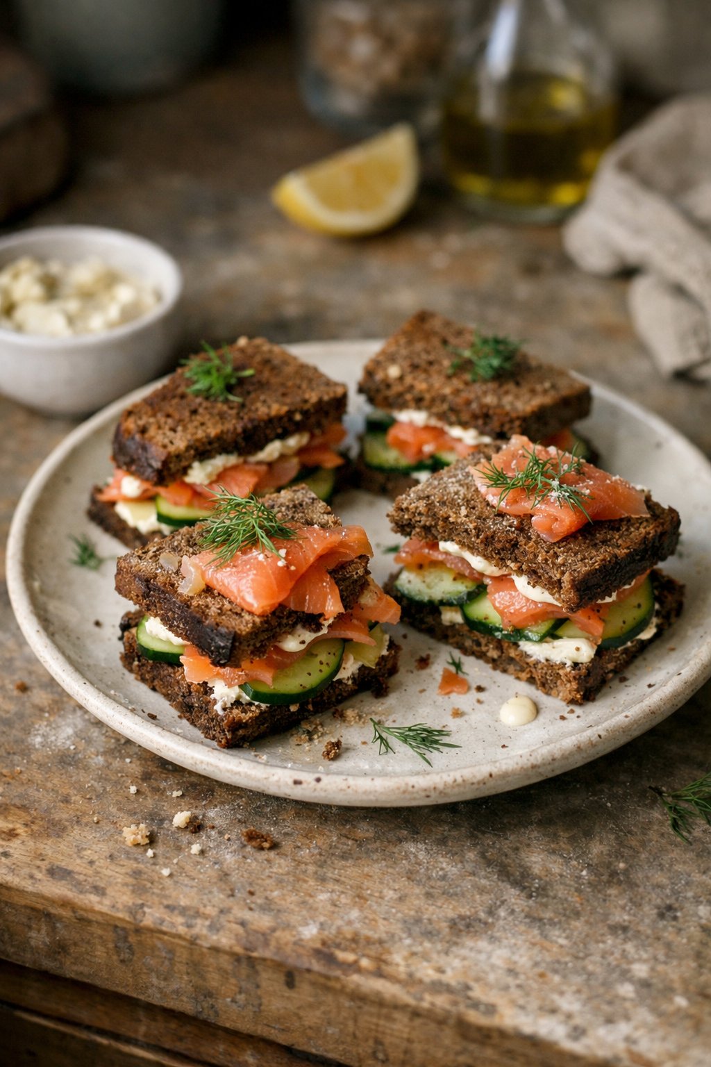 Smoked salmon and cucumber sandwiches on rye bread on a wooden surface in a home kitchen.
