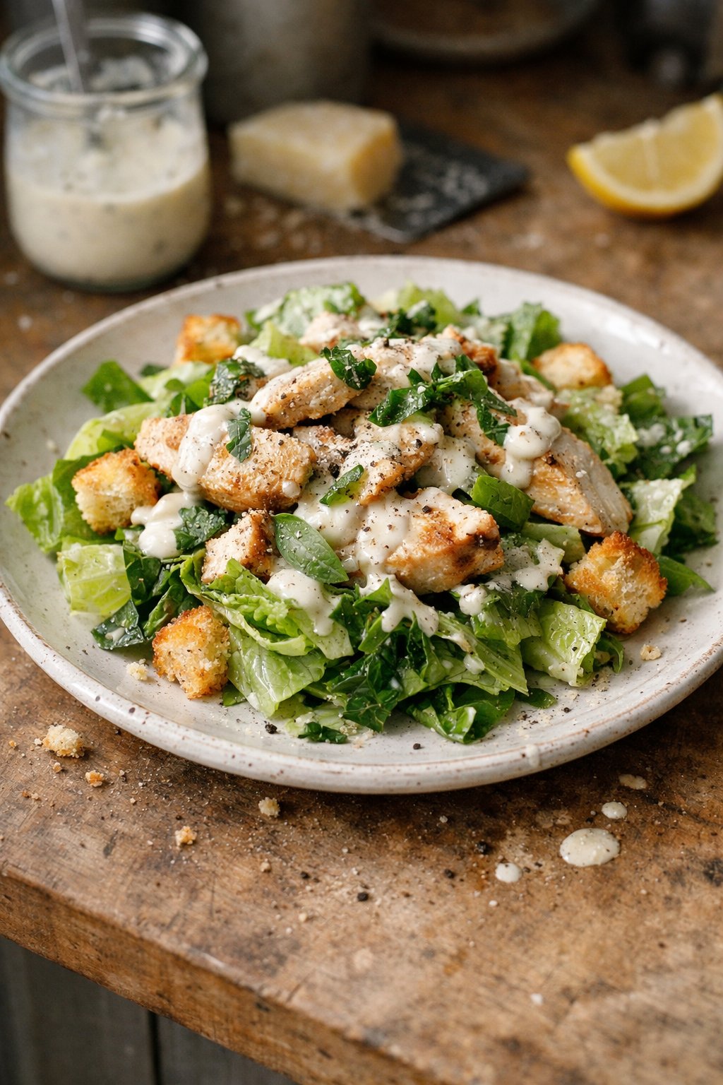 A casually plated Chicken Caesar salad with homemade dressing on a worn wooden surface in a home kitchen lit by natural window light.